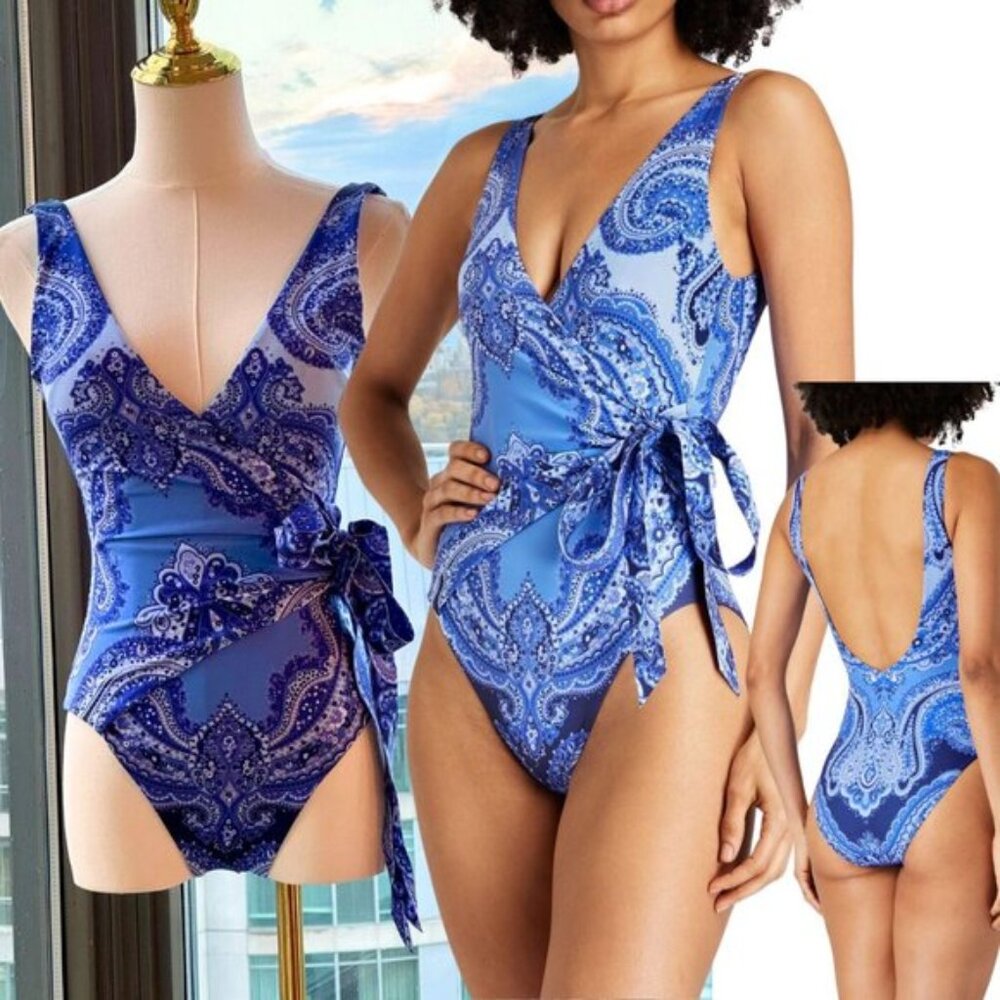 🆕 ZIMMERMANN 🧿 NWOT Wrap-Effect Paisley Print 1PC Swimsuit, Purple, Sz US 2/4